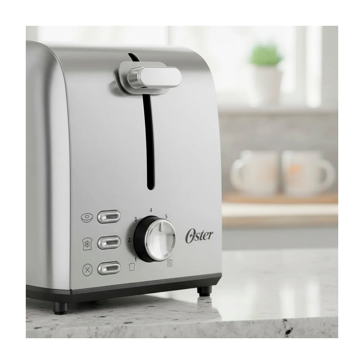 Oster OTST00MNSS2SGB24 Tostadora de 2 Rebanadas | 7 Niveles de Tostado | Ranuras Anchas | Acero