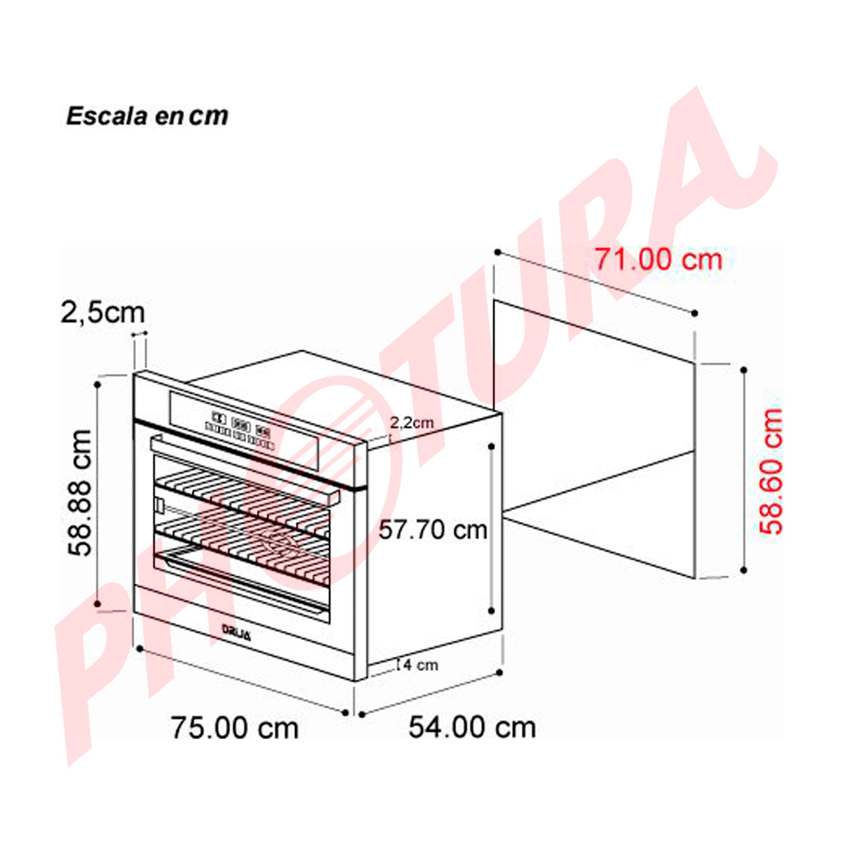 Drija Pacific 76 Air Eléctrico Horno Multifuncional Empotrable Eléctrico | Puerta de Triple Vidrio | 250°C