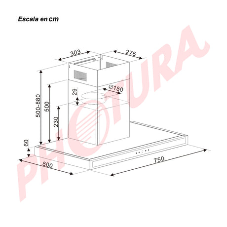 DRIJA Quadrato 76 Extractor de Grasa | Tipo Chimenea | 3 Velocidades | Panel Táctil | 2 Filtros de Carbón | 2 Filtros de Acero | 500m3/H | Acero