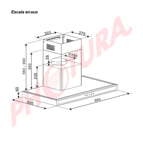 DRIJA Quadrato 90 Extractor de Grasa | Tipo Chimenea | 3 Velocidades | Panel Táctil | 2 Filtros de Carbón | 3 Filtros de Acero | 500m3/H | Acero