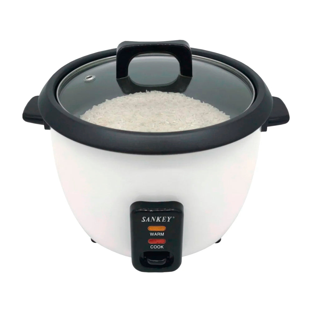 Sankey Olla Arrocera de 2.8L | Manijas Frescas al Tacto | Tapa de Vidrio | Interior Antiadherente | Blanco