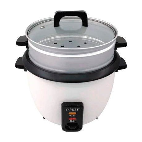Sankey Olla Arrocera de 2.8L | Manijas Frescas al Tacto | Tapa de Vidrio | Interior Antiadherente | Blanco