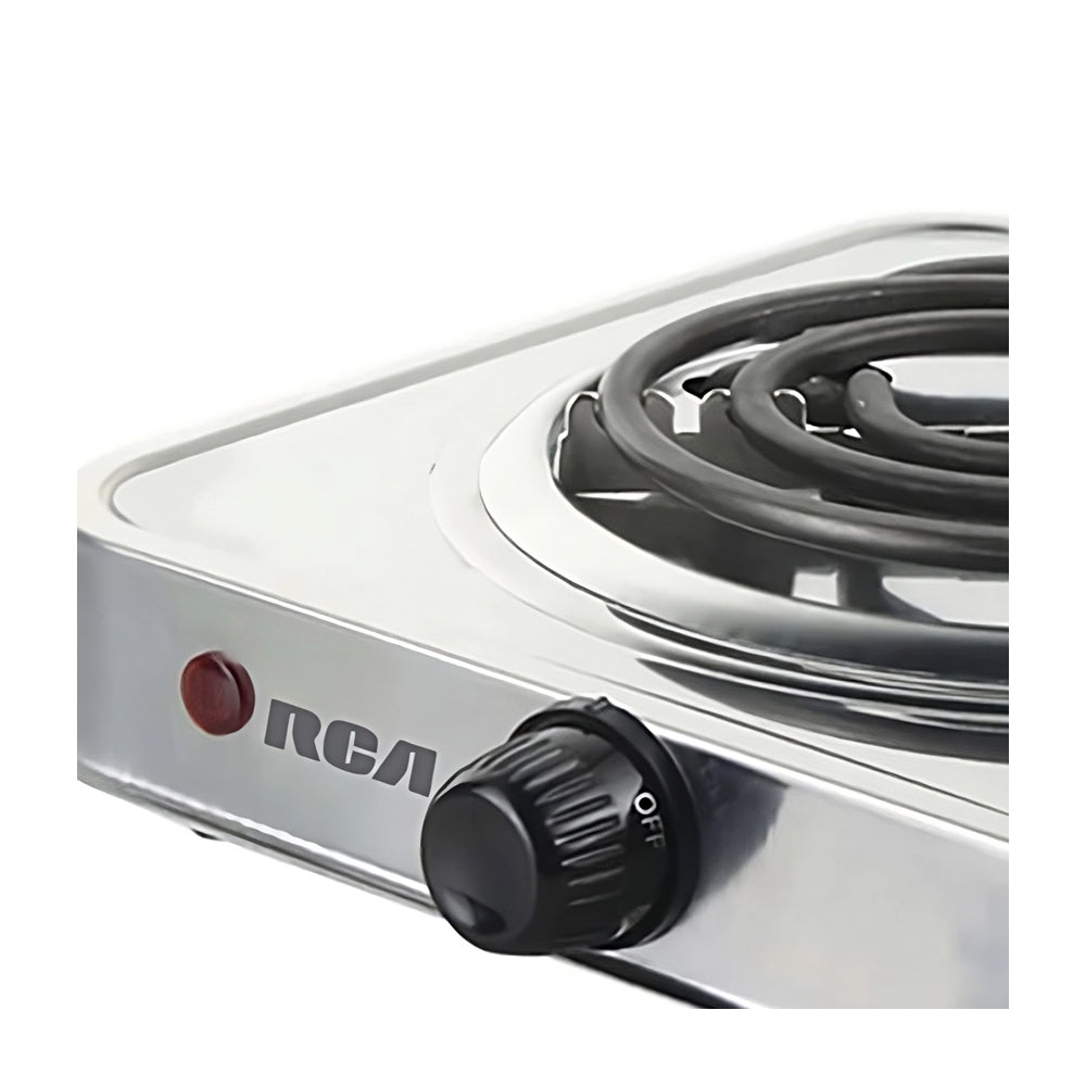 RCA Estufa de Mesa Eléctrica | 1 Quemador | Control de Temperatura | Acero Inoxidable | Plateado