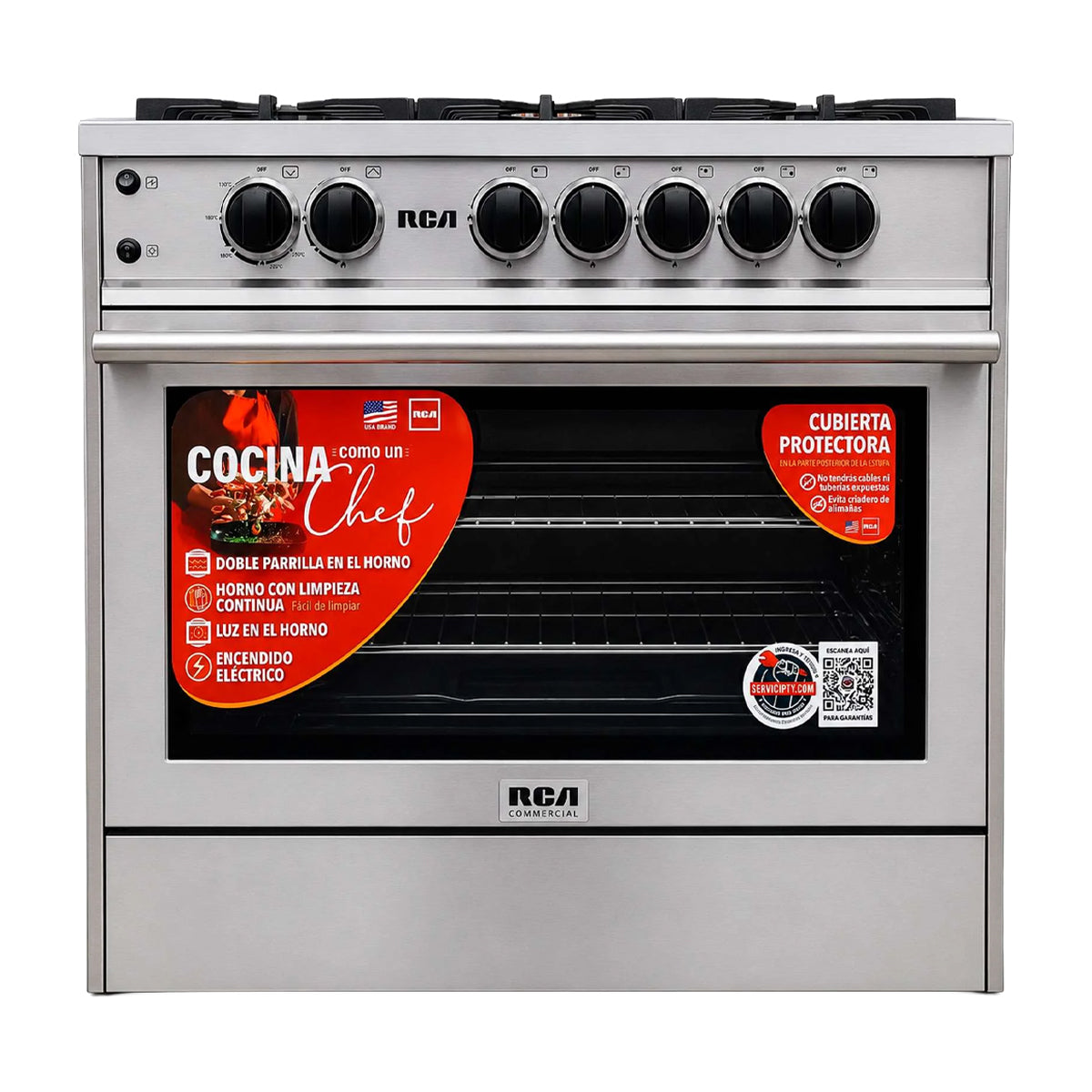 RCA Commercial Estufa a Gas de Acero Inoxidable | Gratinador | Enc. Eléctrico | 36" | 5 Quemadores