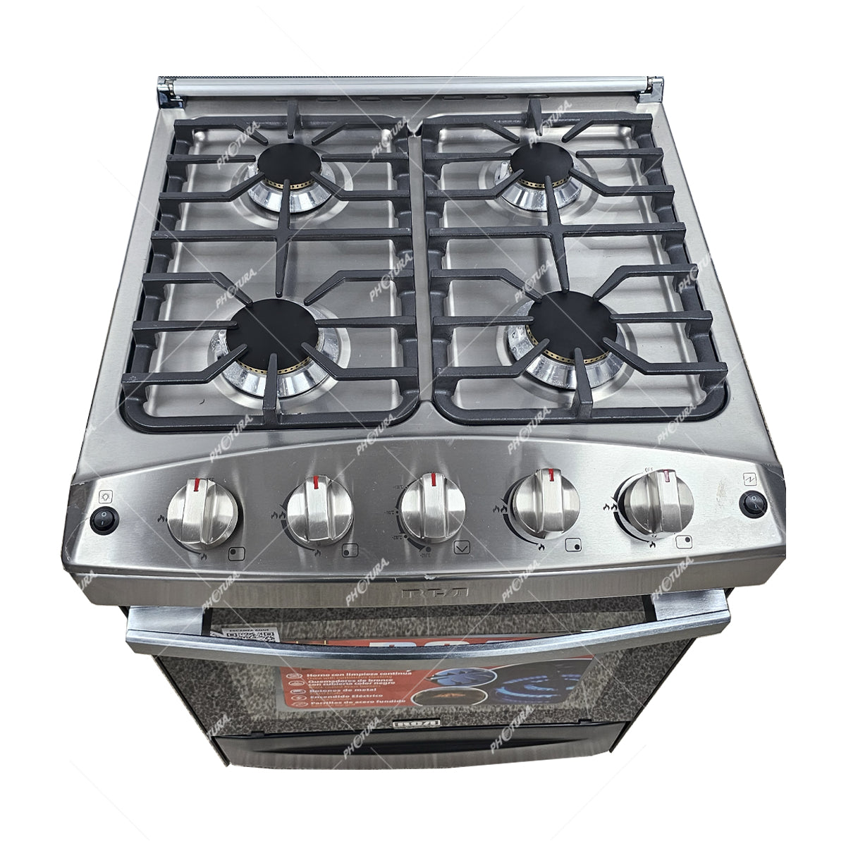 RCA Estufa a Gas de Acero Inoxidable | Enc. Eléctrico | Tapa | 24" | 4 Quemadores | Negro