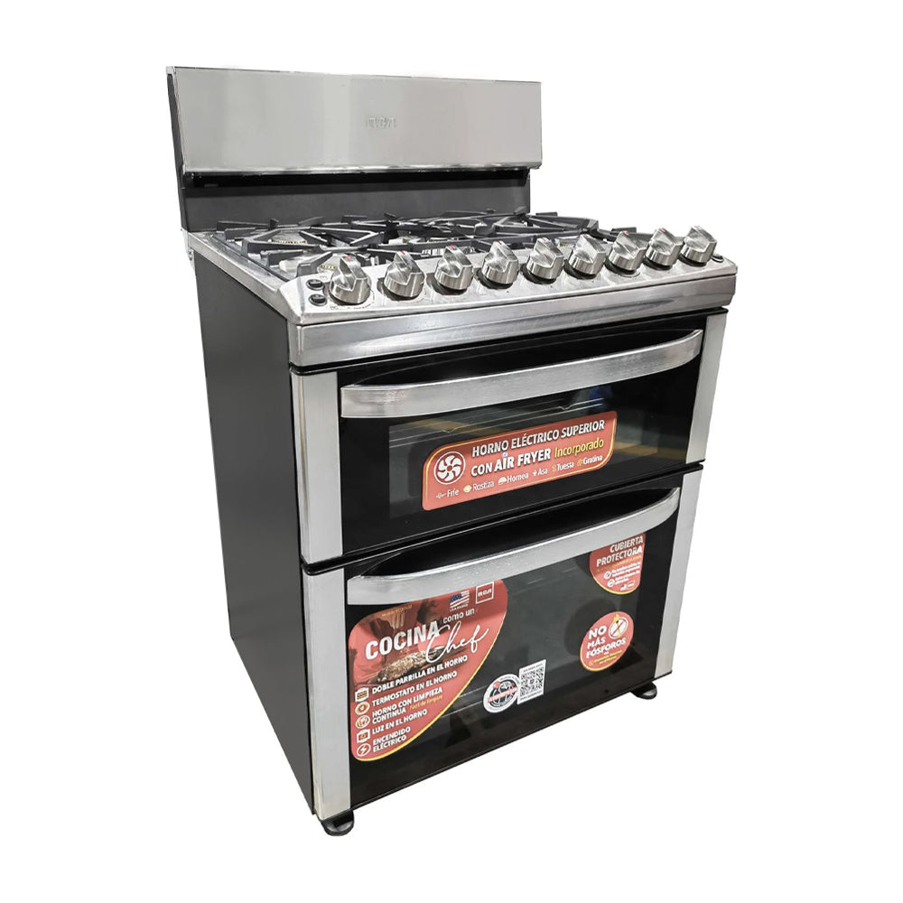 RCA Signature Estufa a Gas de Acero Inoxidable | Doble Horno | Air Fryer | Enc. Eléctrico | 30" | 5 Quemadores