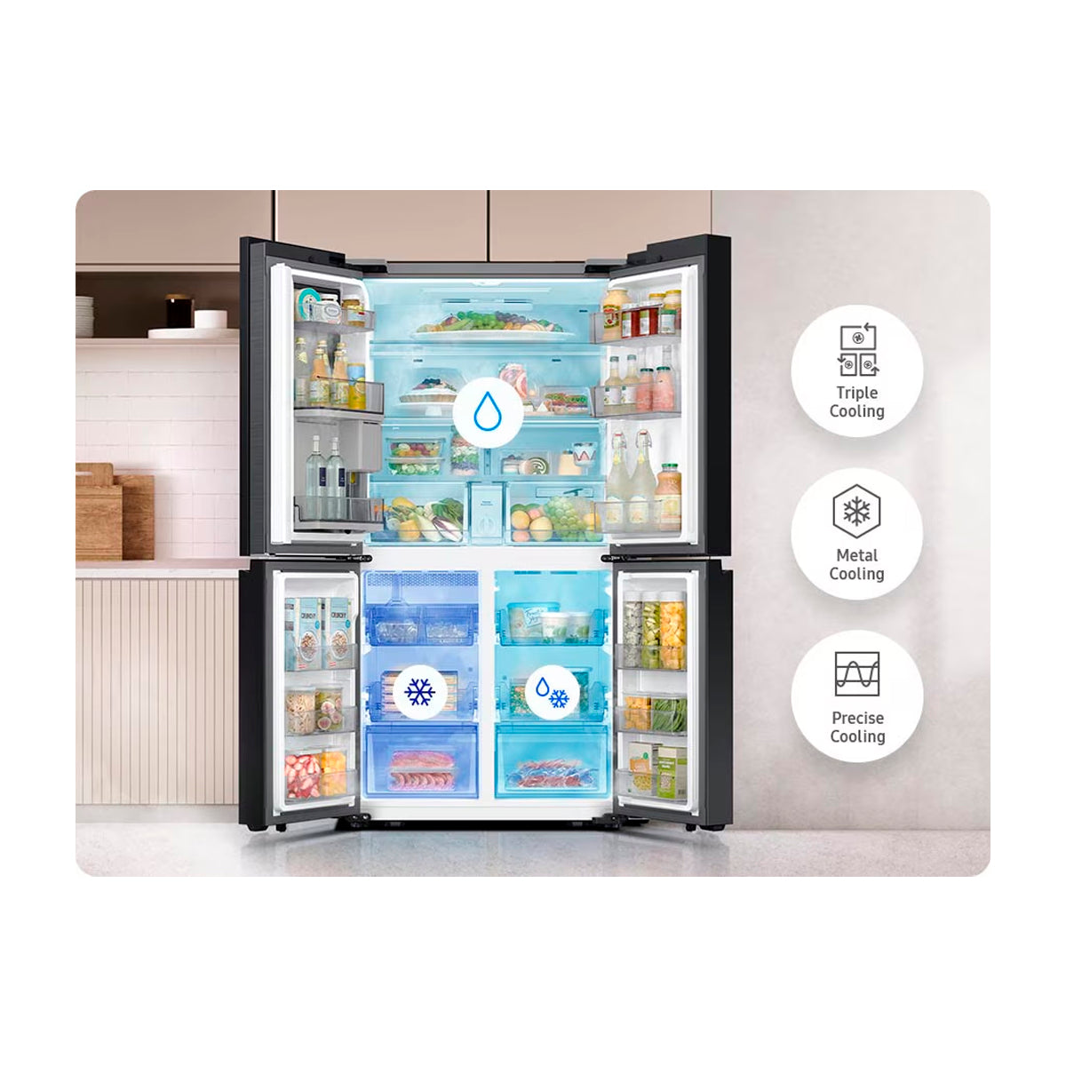 Samsung BESPOKE Refrigeradora Cross Door de 4 Puertas Inverter | Metal Cooling | Triple Cooling | Dual Ice Maker | Beverage Center | 19.63p3 | Clean White