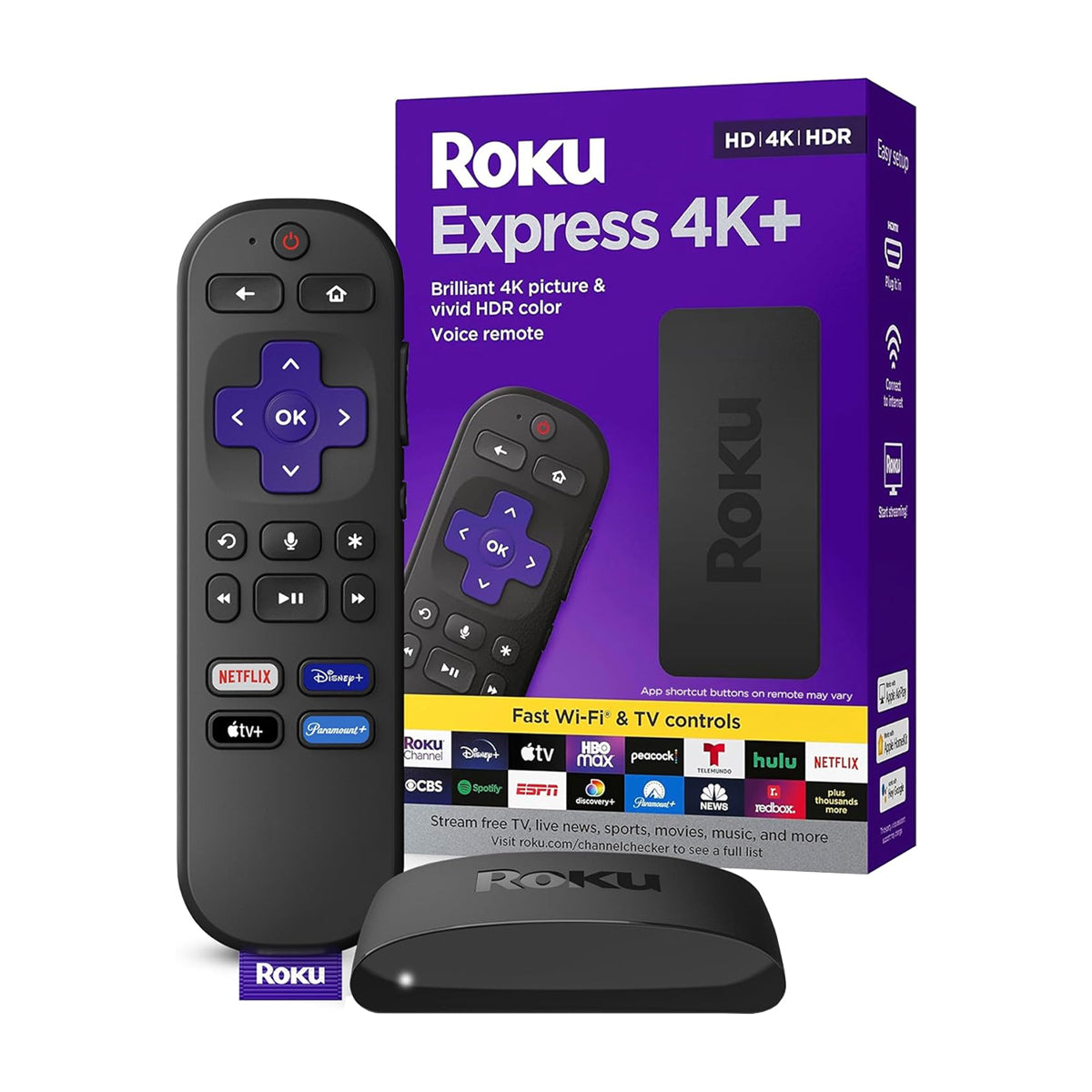 Roku Express 4K+ Reproductor de Streaming | HD/4K/HDR | Incluye Control Remoto con Búsqueda por Voz y Cable HDMI Premium