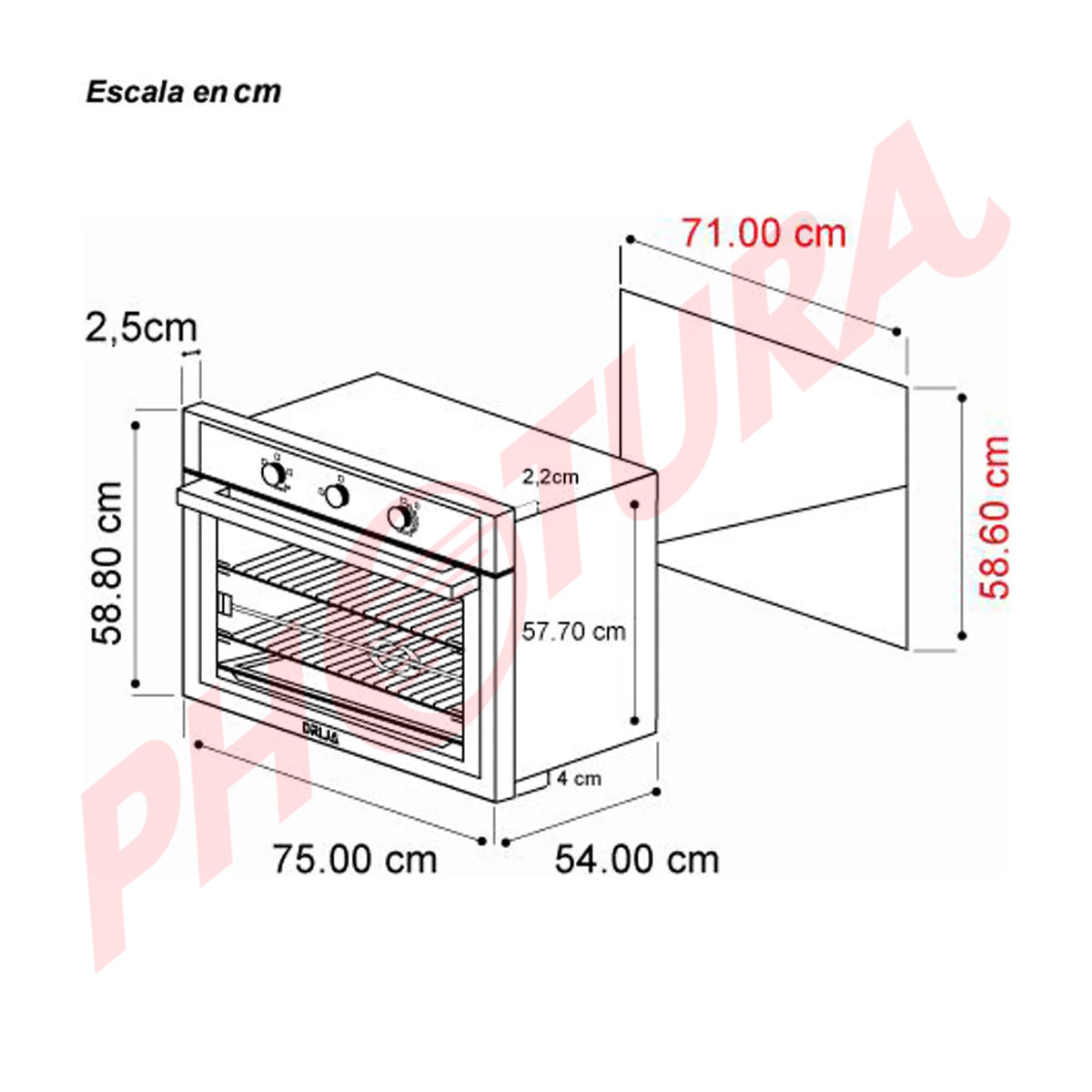 Drija Roma 76 Gas Horno Multifuncional Empotrable a Gas | Puerta de Triple Vidrio | 250°C