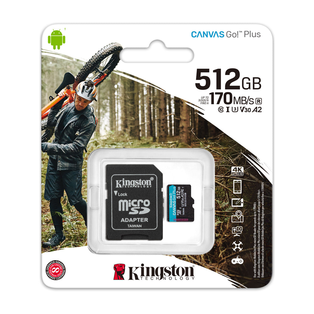 Kingston Memoria Micro SDXC de 512GB + Adaptador | UHS-I | V30 | U3 | Clase 10 | 170MB/s