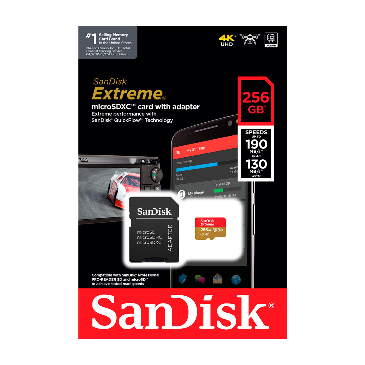 SanDisk Memoria Micro SDXC de 256GB + Adaptador | UHS-I | V30 | U3 | Clase 10 | 190 MB/s
