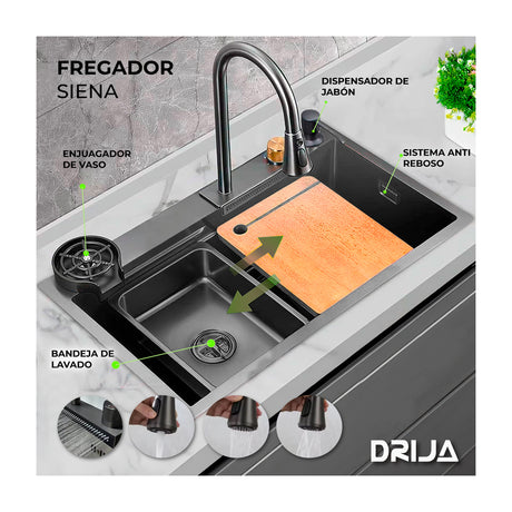 DRIJA Siena 75 Fregador Moderno de Acero Inoxidable | Sistema Anti Reboso | Enjuagador de Vasos | Dispensador de Jabón