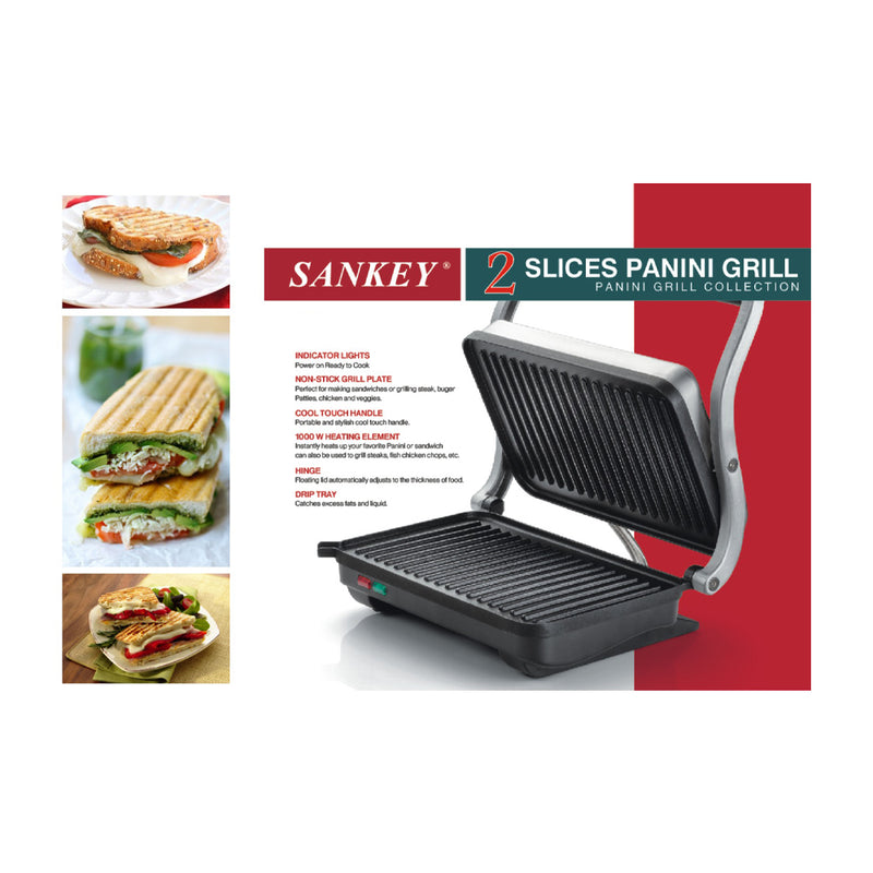 Sankey Sandwichera Panini Grill | Tapa Flotante Ajustable | 1000W | Negro Plateado