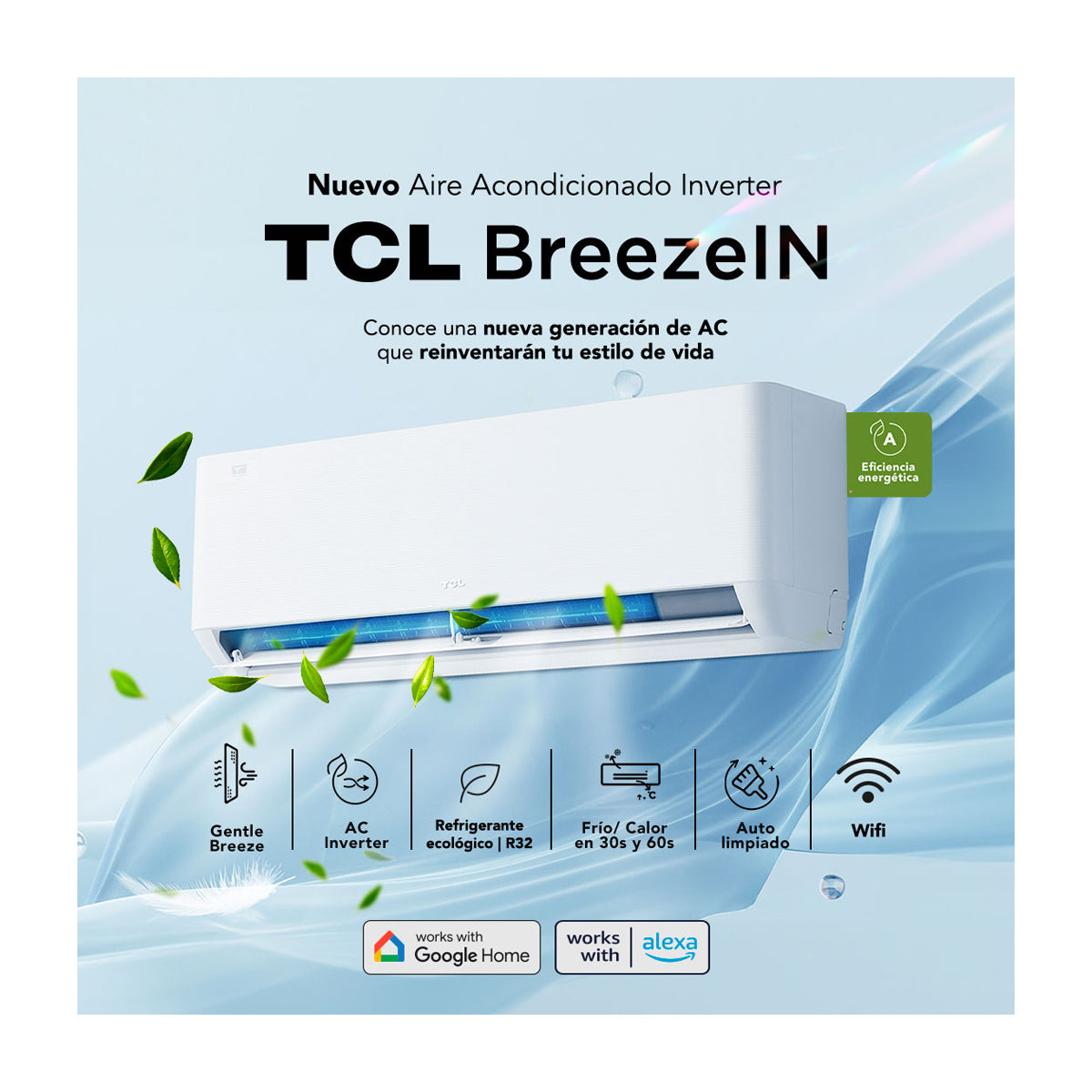 TCL Aire Acondicionado Split Inverter 12,000 BTU | SEER 28 | BreezeIN | Alta Eficiencia | Tecnología T-AI | WiFi | Silencioso | 220v