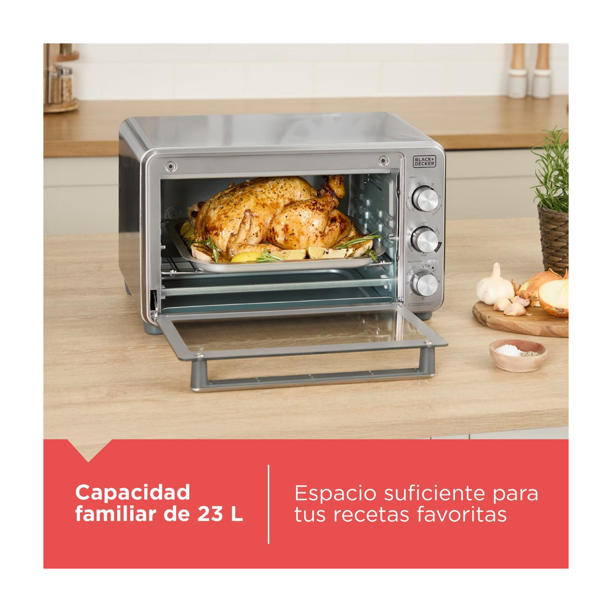 Black & Decker Horno Eléctrico con Freidora de Aire | Tostador | Bandeja Deslizable | Acero Inoxidable | Plateado