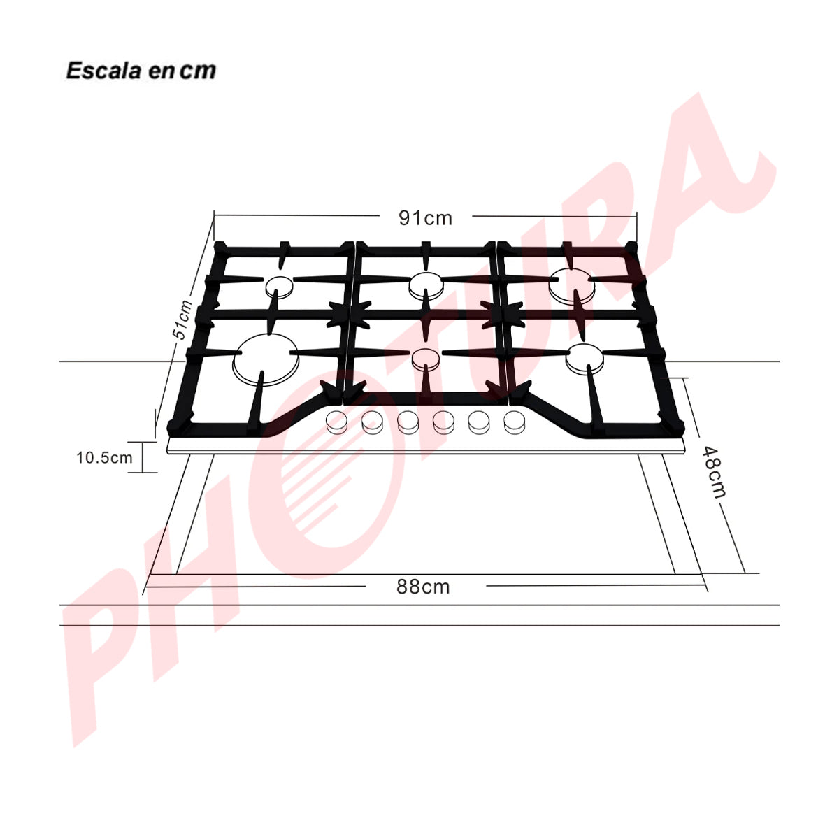 Drija Toscana 91 Estufa Empotrable a Gas de Vidrio Templado | 6 Quemadores | 6 Válvulas de Seguridad