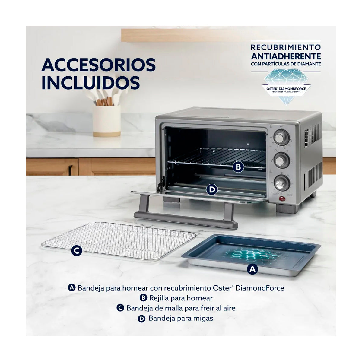 Oster TSSTTV17MAFNS Horno Eléctrico de 17L | Freidora de Aire | 4 Funciones | Temporizador | 1400W | Gris