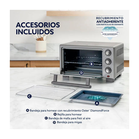 Oster TSSTTV17MAFNS Horno Eléctrico de 17L | Freidora de Aire | 4 Funciones | Temporizador | 1400W | Gris