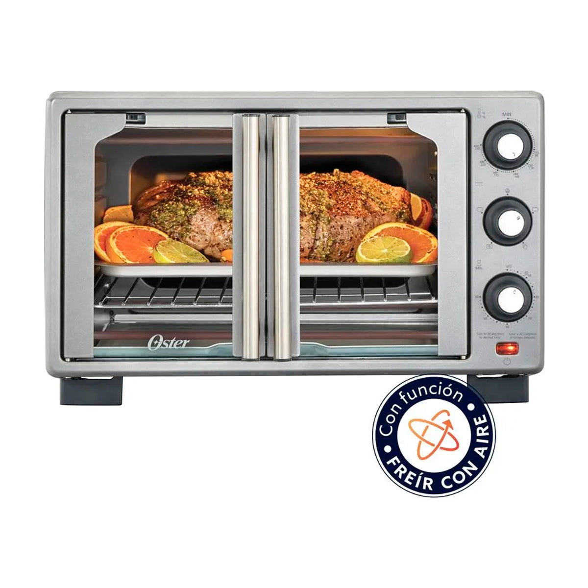 Oster TSSTTV25FDMAFNS Horno Eléctrico de 25L | Estilo Francés | Freidora de Aire | 5 Funciones | Puerta de Vidrio | Gris