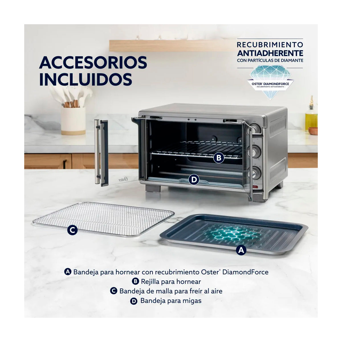 Oster TSSTTV25FDMAFNS Horno Eléctrico de 25L | Estilo Francés | Freidora de Aire | 5 Funciones | Puerta de Vidrio | Gris