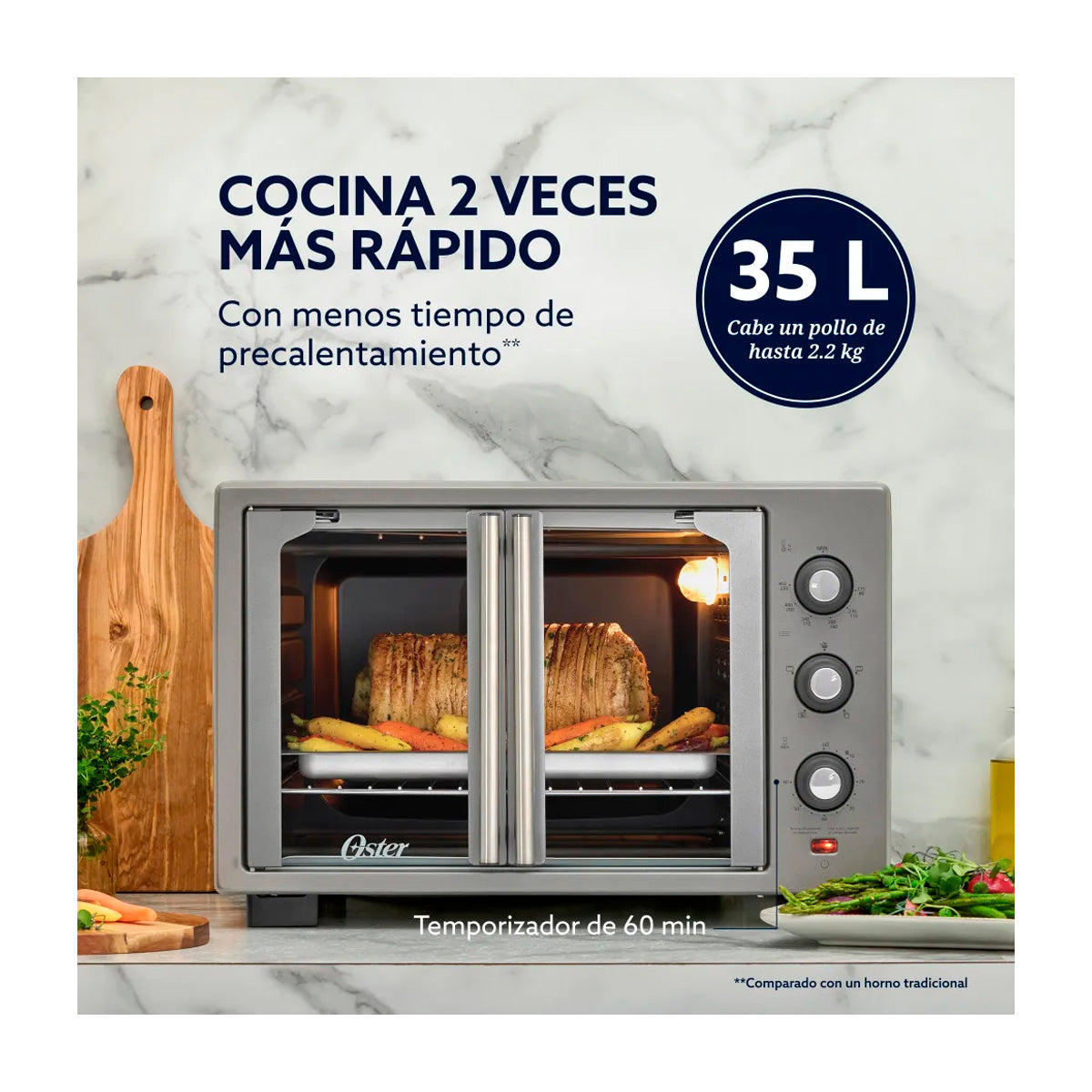 Oster TSSTTV35FDMAFNS013 Horno Eléctrico de 35L | Estilo Francés | Freidora de Aire | 5 Funciones | Puerta de Vidrio | Gris
