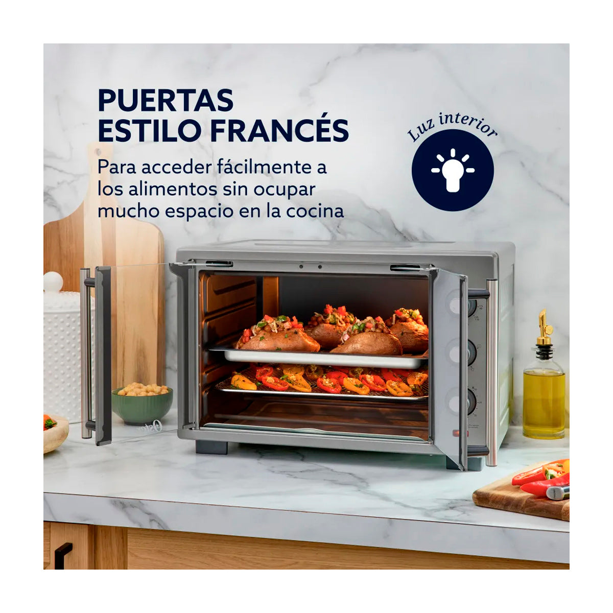 Oster TSSTTV35FDMAFNS013 Horno Eléctrico de 35L | Estilo Francés | Freidora de Aire | 5 Funciones | Puerta de Vidrio | Gris