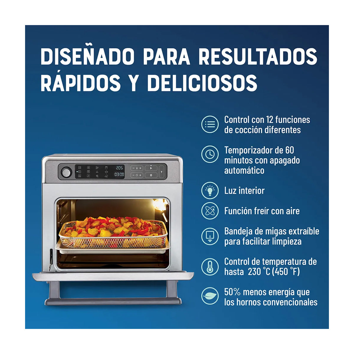 Oster TSSTTVDAF1NS Horno Eléctrico de 22L | Freidora de Aire | 12 Funciones | Plateado