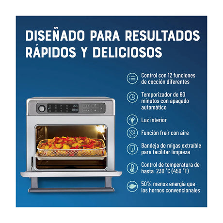 Oster TSSTTVDAF1NS Horno Eléctrico de 22L | Freidora de Aire | 12 Funciones | Plateado