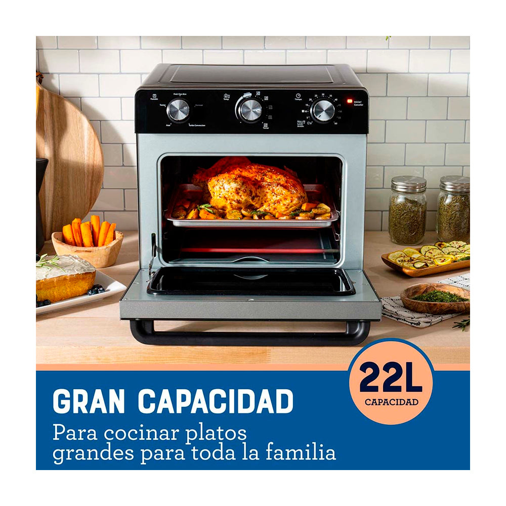 Oster TSSTTVMAF1 Horno Eléctrico de 22L | Freidora de Aire | 5 Funciones | Negro Plateado