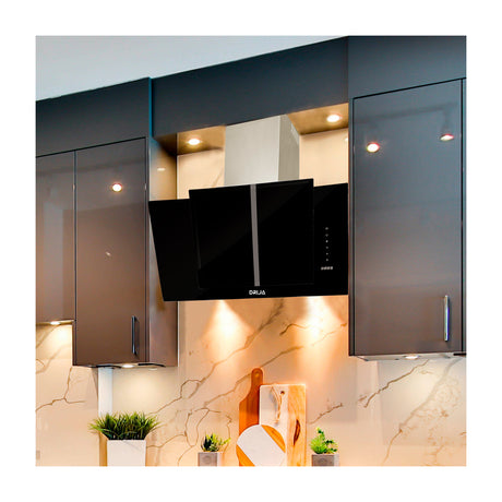 DRIJA Vetro 90 Extractor de Grasa | Tipo Chimenea | 3 velocidades | Panel Táctil | Control Remoto | 2 Filtros de Carbón | 1 Filtro de Aluminio | 500m3/H