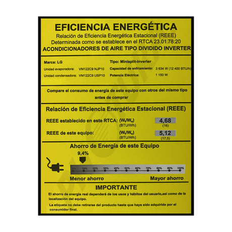 LG Aire Acondicionado Split DUAL Inverter 12,400 BTU | SEER 17.5 | DUALCOOL | WiFi | ThinQ | Micro Filtro | Funcionamiento Silencioso | 220v