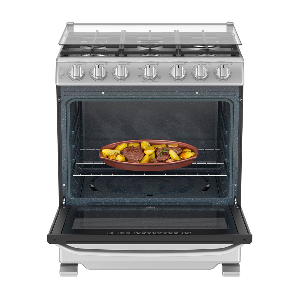 Mabe Estufa a Gas de Acero Inoxidable | Tecnología Ultimate | Perfect Cook | Easy Clean Pro | Tapa | Plancha | 30" | 6 Quemadores