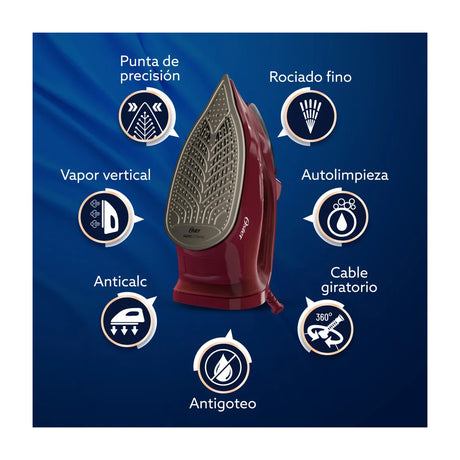 Oster GCSTAC7201 Plancha de Ropa a Vapor | 25% Mas Cobertura | Punta de Precision | Aero Ceramic | Sistema Anti-Calcificación | Rojo