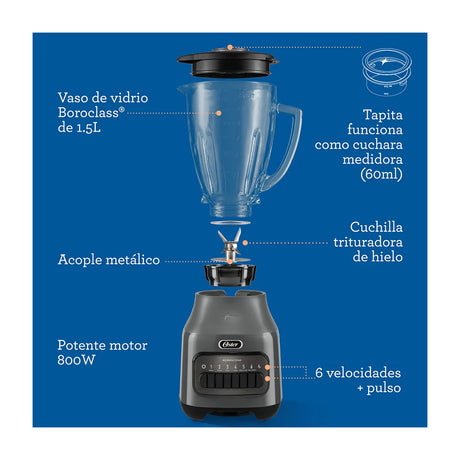 Oster BLSTPEGGPB Licuadora de 6 Velocidades | Boroclass | All-Metal Drive | Función de Pulso | 1.5L | 800W | Gris