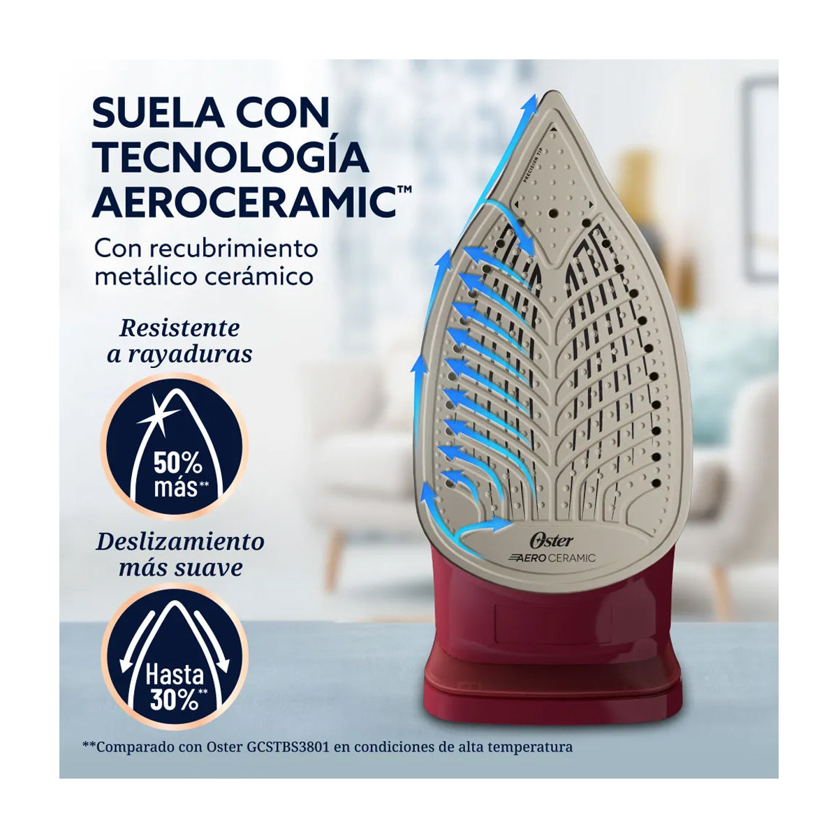 Oster GCSTAC7201 Plancha de Ropa a Vapor | 25% Mas Cobertura | Punta de Precision | Aero Ceramic | Sistema Anti-Calcificación | Rojo