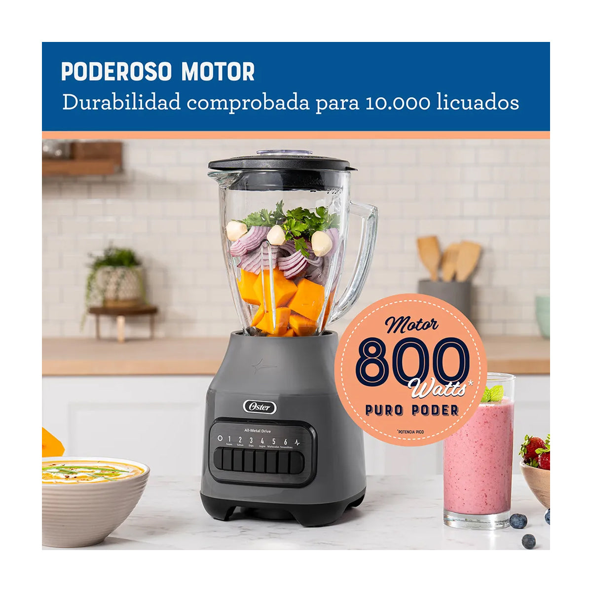 Oster BLSTPEGGPB Licuadora de 6 Velocidades | Boroclass | All-Metal Drive | Función de Pulso | 1.5L | 800W | Gris