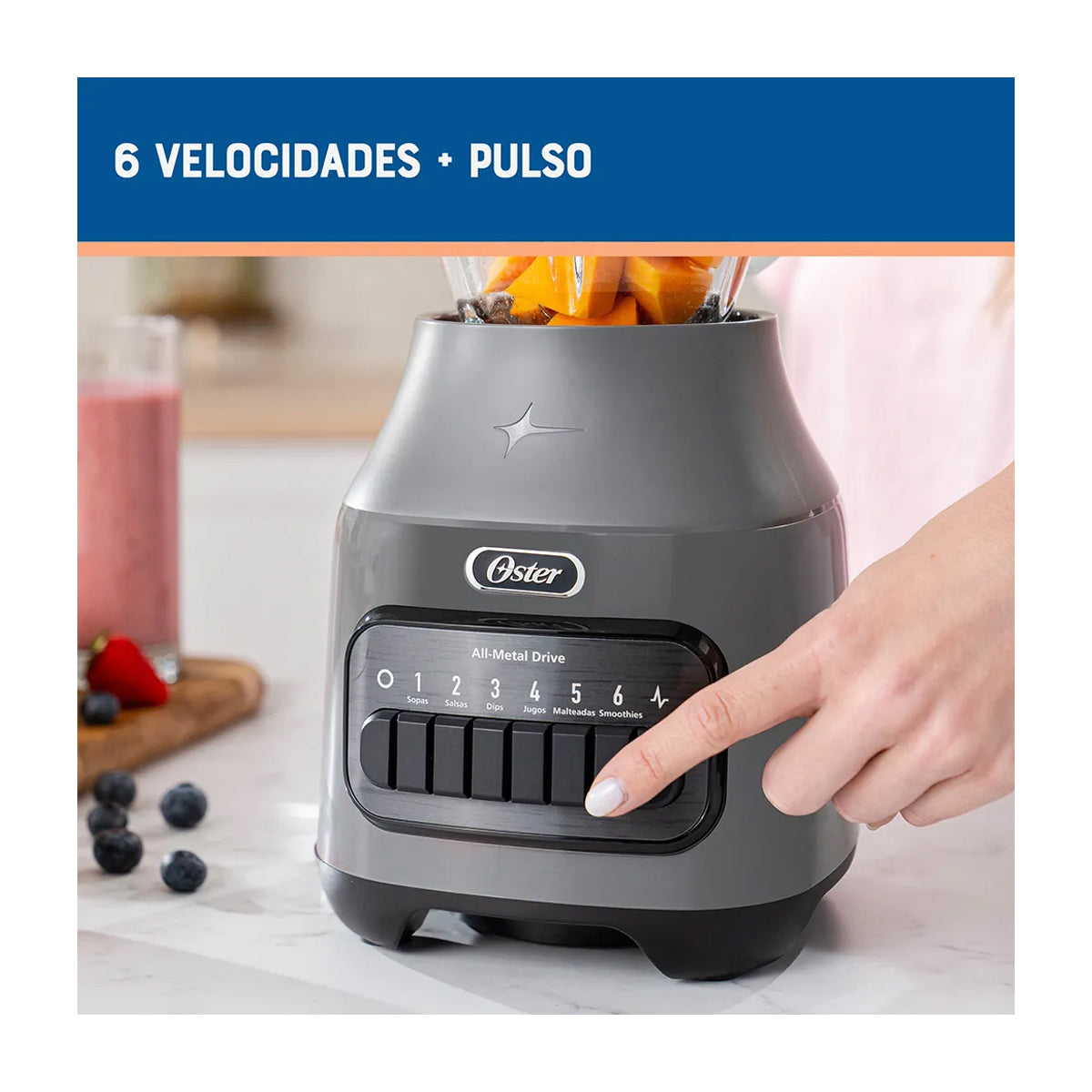 Oster BLSTPEGGPB Licuadora de 6 Velocidades | Boroclass | All-Metal Drive | Función de Pulso | 1.5L | 800W | Gris