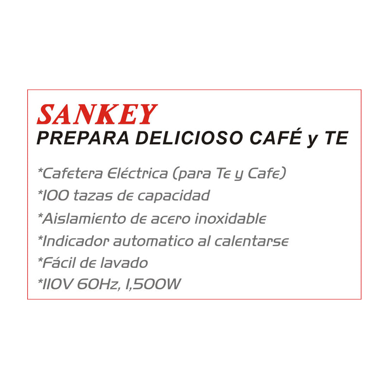 Sankey Cafetera Percoladora Comercial de 100 Tazas | Salida Bidireccional | Acero Inoxidable | Plateado