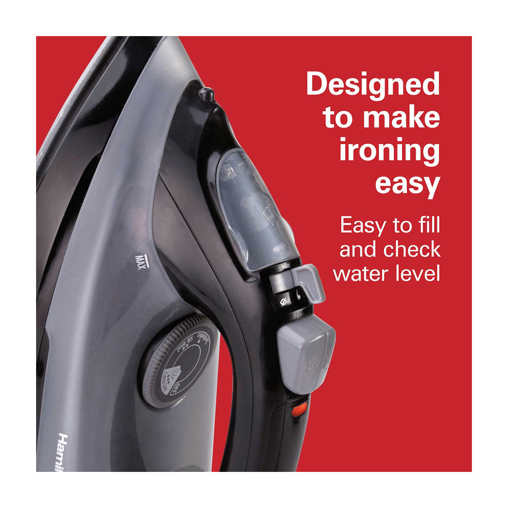 Hamilton Beach Plancha de Ropa a Vapor | Vapor Versátil | Extra-Glide | Anti-Goteo | Gris Negro