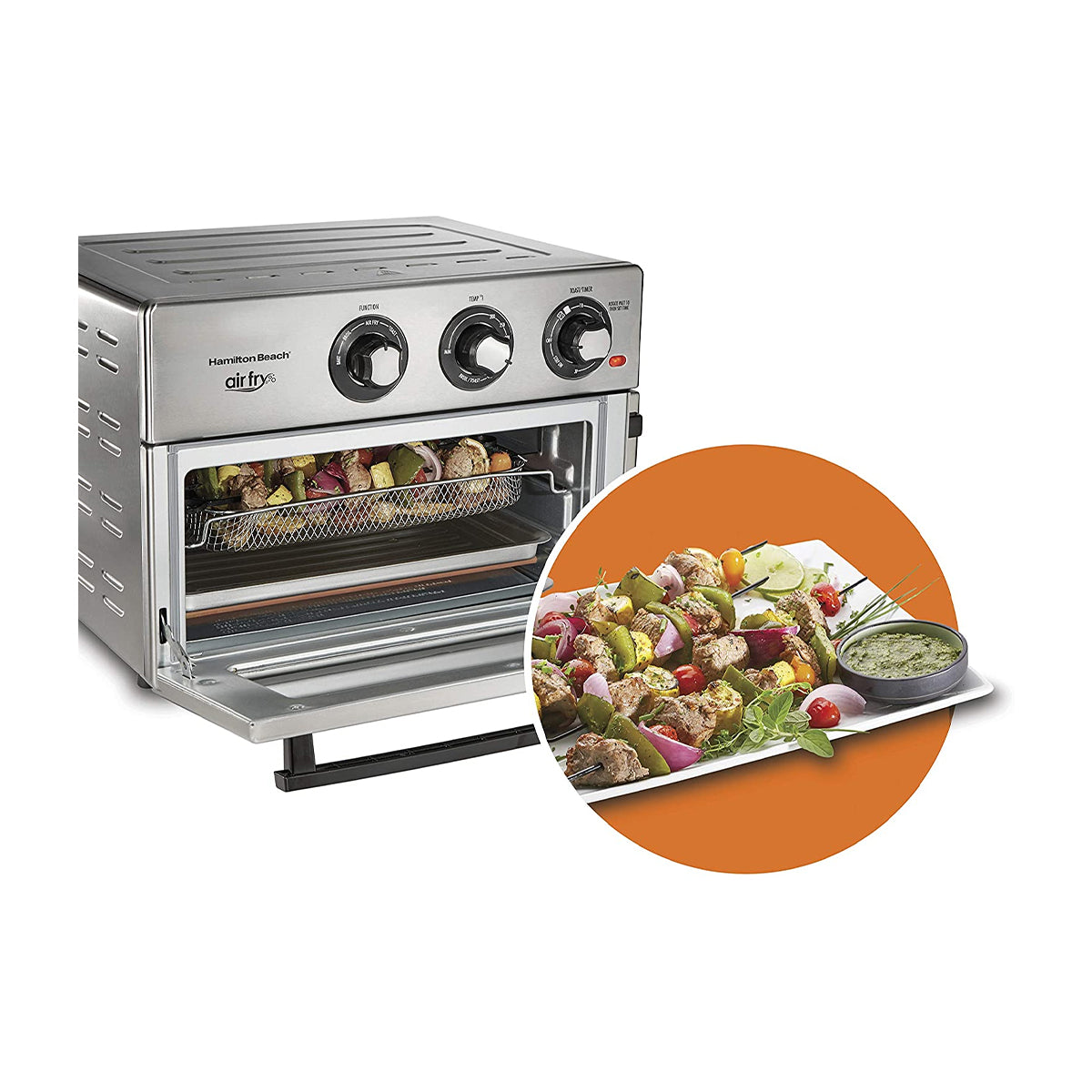 Hamilton Beach Horno Eléctrico con Freidora de Aire de 21.24L | Convección | Bandeja Deslizable | Acero Inoxidable | 1800W | Plateado