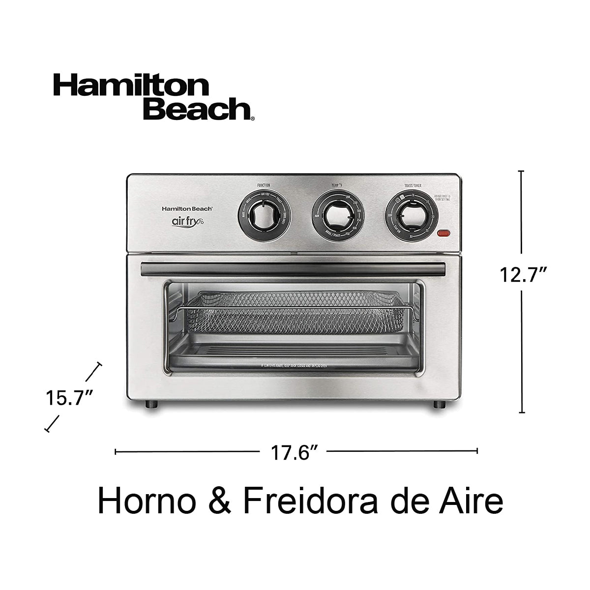 Hamilton Beach Horno Eléctrico con Freidora de Aire de 21.24L | Convección | Bandeja Deslizable | Acero Inoxidable | 1800W | Plateado