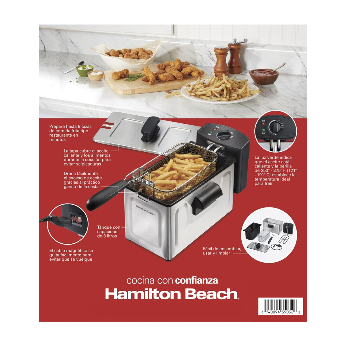 Hamilton Beach Freidora de Aceite de Inmersión | 12 Tazas de Aceite | 8 Tazas de Alimento | Profesional