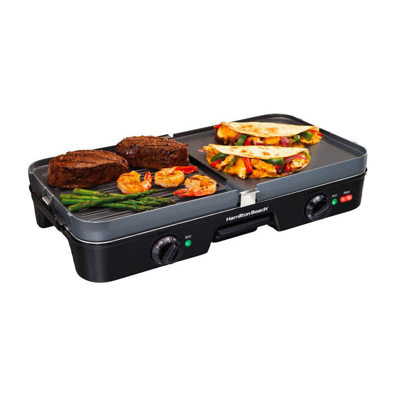 Hamilton Beach Parrilla Eléctrica 3 en 1 | Plancha | Bandeja de Goteo | Rejillas de Doble Cara | 1400W | Negro