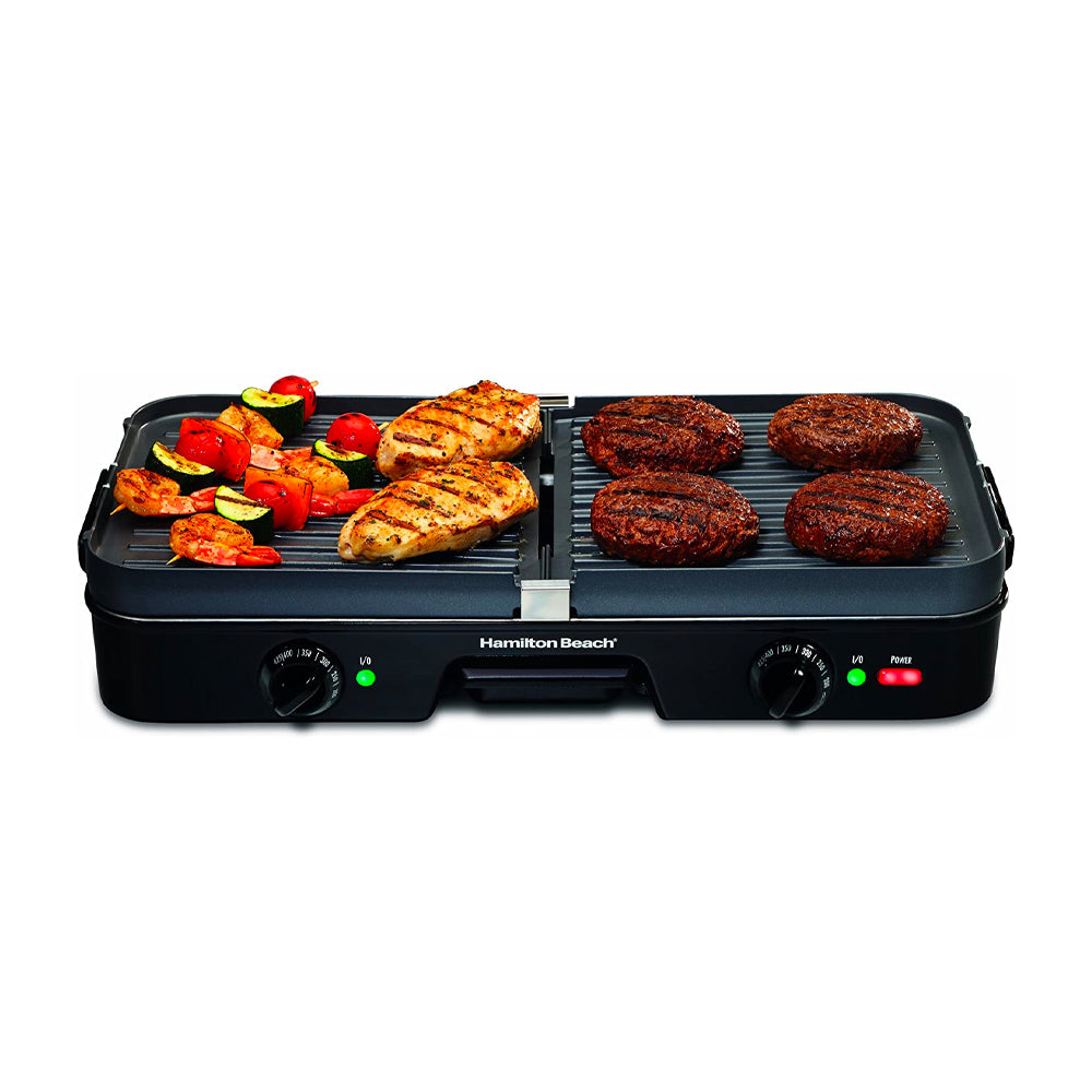 Hamilton Beach Parrilla Eléctrica 3 en 1 | Plancha | Bandeja de Goteo | Rejillas de Doble Cara | 1400W | Negro