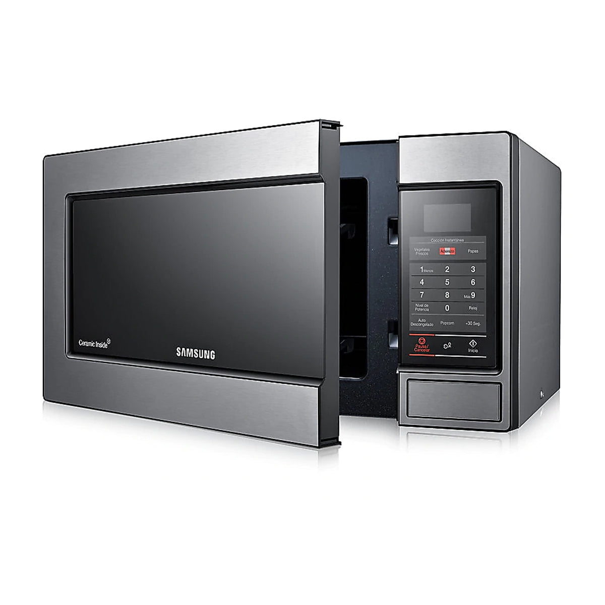 Samsung Microondas de 750W | Tipo Espejo | Interior de Cerámica Esmaltada | Modo Eco | 0.8p3 | Plateado