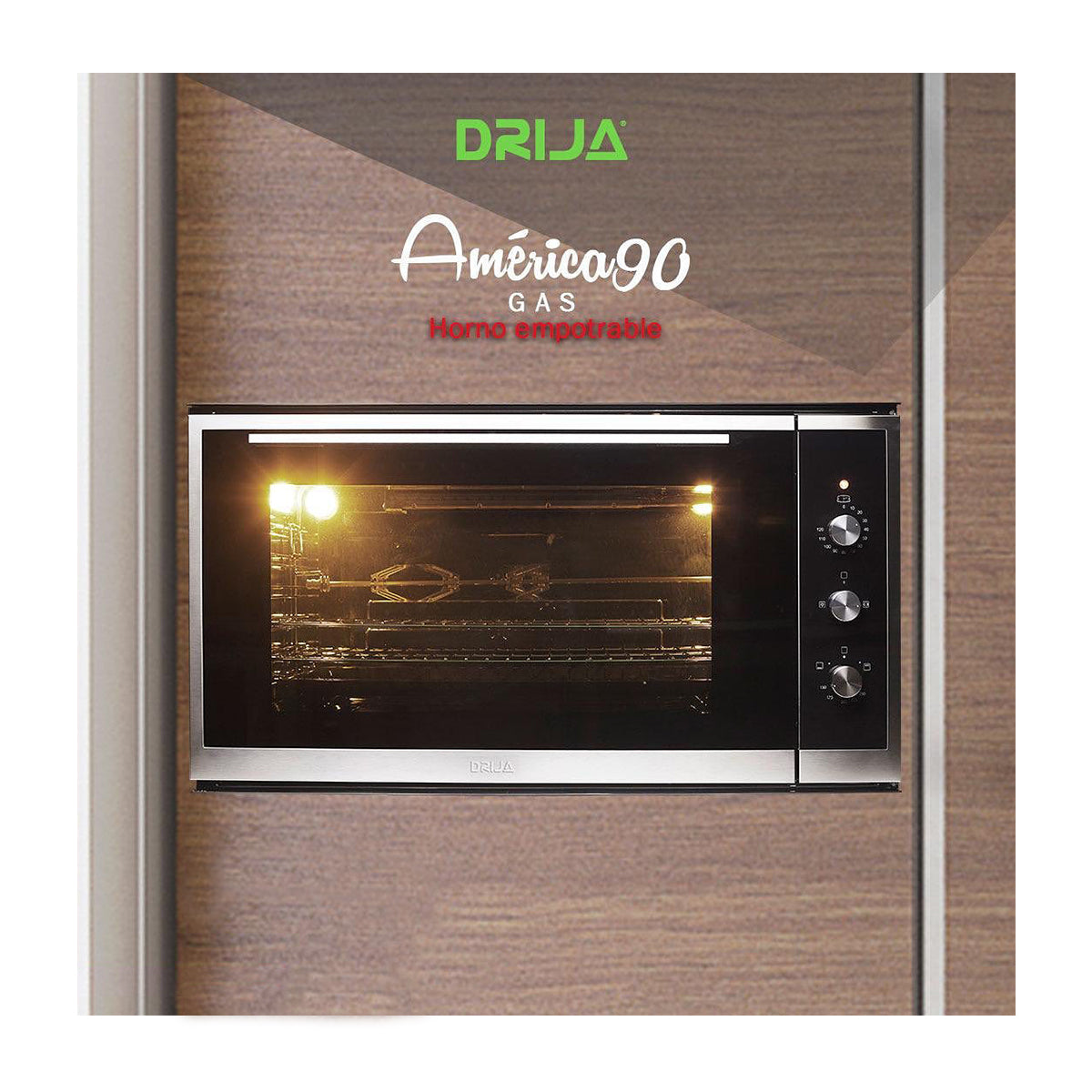 DRIJA América 90 Gas Horno Multifuncional Empotrable a Gas | Puerta de Triple Vidrio | 250°C