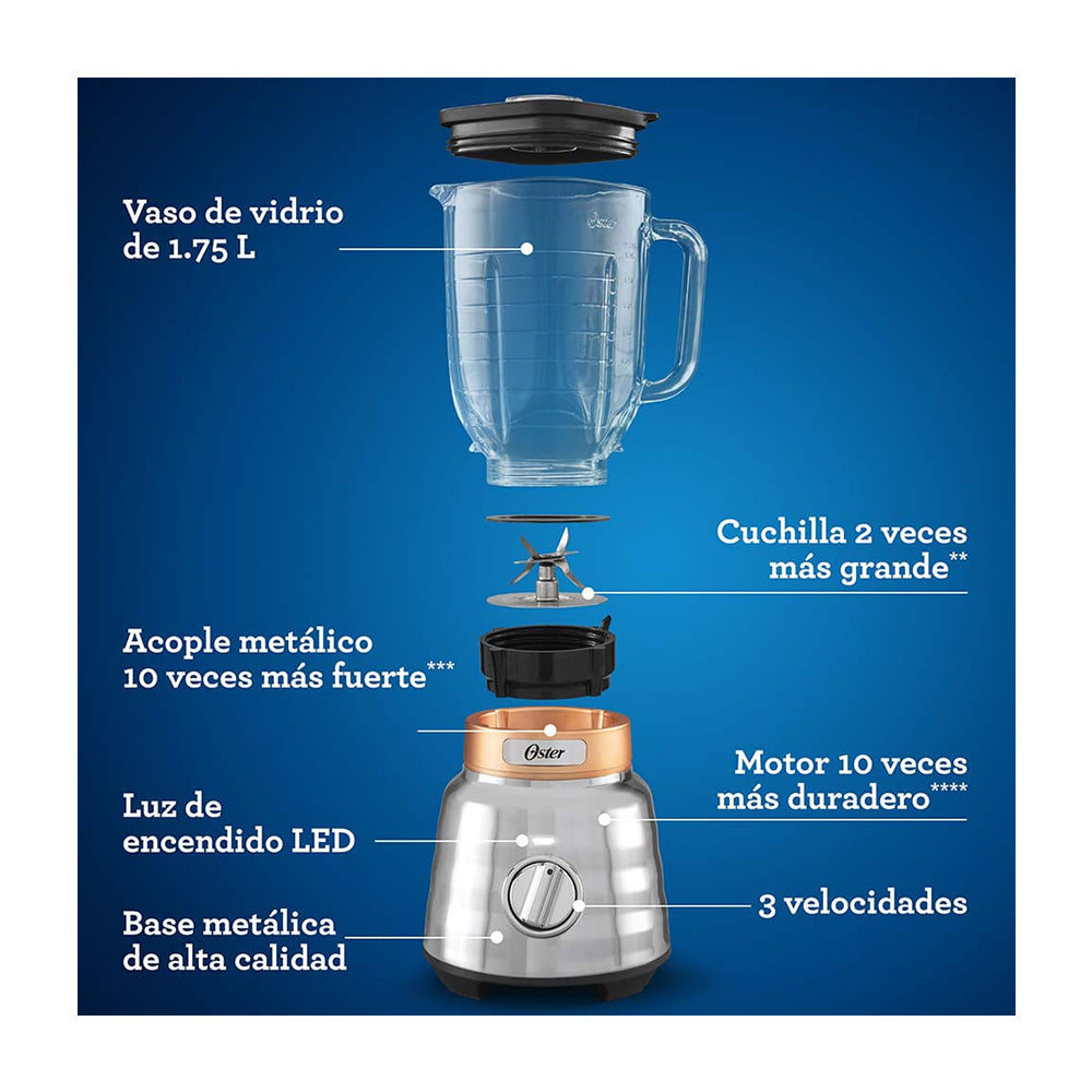 Oster BLSTPBRG Osterizer Max Licuadora de 3 Velocidades | Boroclass | All-Metal Drive | 1.75L | 1500W | Plateado Dorado