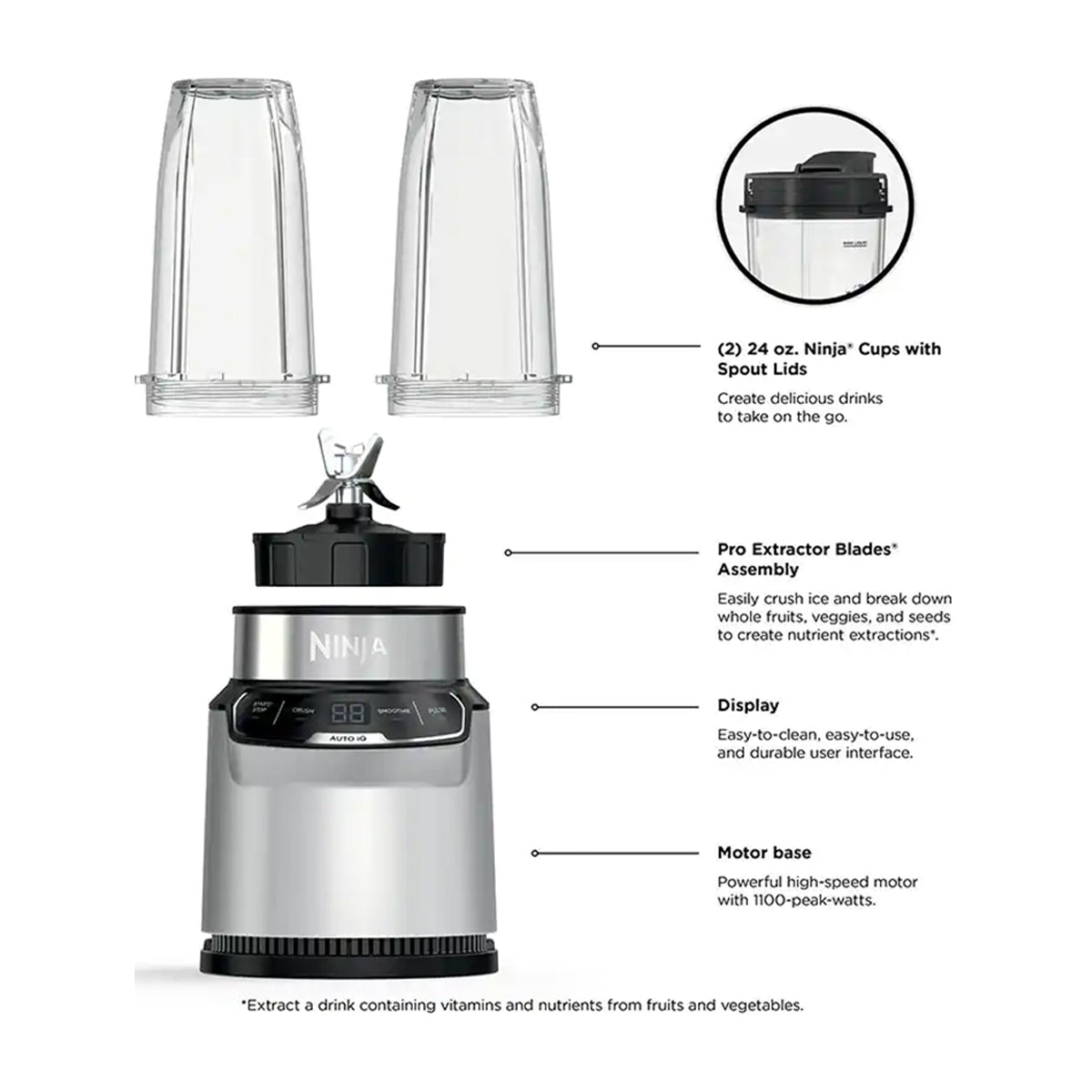 Ninja Nutri-Blender Pro Licuadora / Extractor de Nutrientes | Auto IQ | Función de Pulso | 1100W | 0.7L | Plateado