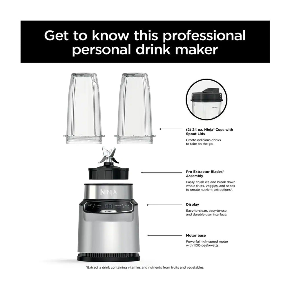 Ninja Nutri-Blender Pro Licuadora / Extractor de Nutrientes | Auto IQ | Función de Pulso | 1100W | 0.7L | Plateado
