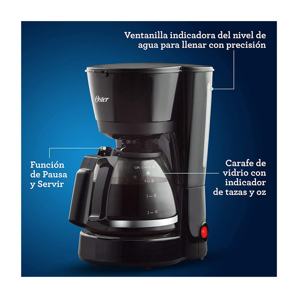 Oster BVSTDC05 Cafetera de 5 Tazas | Filtro Permanente Lavable | Pausa y Servir | Negro